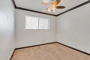 Carpeted spare room with ceiling fan and crown molding