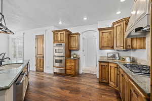 Kitchen featuring appliances with stainless steel finishes, dark hardwood / wood-style floors, sink, and custom range hood