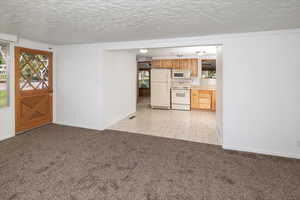 Living room/ Kitchen with white appliances, a textured ceiling, and light colored carpet