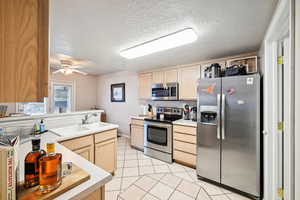 Kitchen with stainless steel appliances, a textured ceiling, light brown cabinetry, sink, and ceiling fan