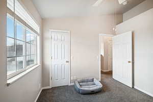 Sitting room featuring a wealth of natural light, lofted ceiling, and dark carpet