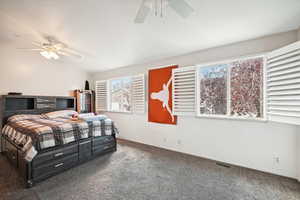 Carpeted bedroom with ceiling fan