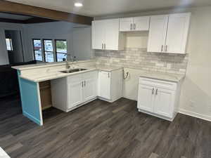 Kitchen featuring dark hardwood / wood-style flooring, kitchen peninsula, decorative backsplash, sink, and white cabinetry