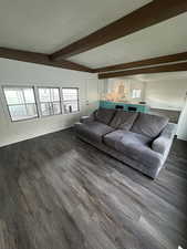 Living room featuring lofted ceiling with beams, a wealth of natural light, and dark wood-type flooring