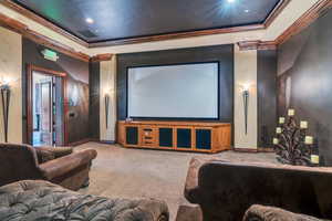 Clubhouse theater room with ornamental molding, a raised ceiling, and carpet