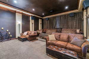 Cinema with carpet, crown molding, and a tray ceiling