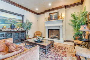 Clubhouse living room featuring ornamental molding