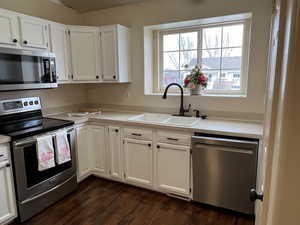 Kitchen with dark hardwood / wood-style flooring, sink, white cabinets, and appliances with stainless steel finishes