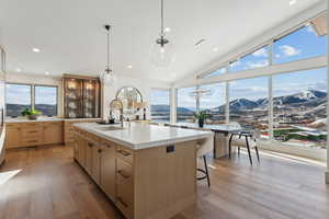 Kitchen with a mountain view, plenty of natural light, and a kitchen island with sink