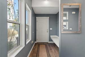 Doorway with plenty of natural light and dark wood-type flooring