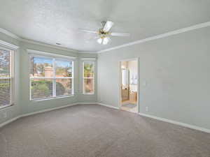 Carpeted spare room with ornamental molding, a textured ceiling, and ceiling fan