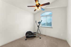 Workout area with carpet flooring, ceiling fan, and vaulted ceiling