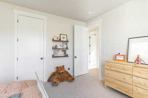 Carpeted bedroom featuring a closet