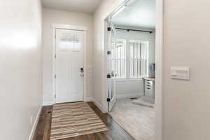 Entrance foyer featuring dark wood-type flooring