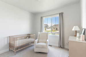 Bedroom with a crib and light carpet