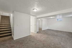 Basement featuring carpet and a textured ceiling