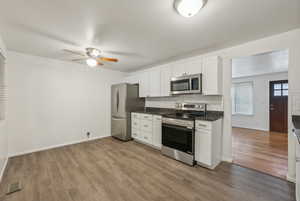 Kitchen featuring tasteful backsplash, white cabinets, light hardwood / wood-style floors, and stainless steel appliances