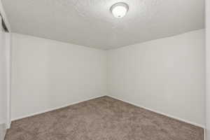 Unfurnished room featuring a textured ceiling and carpet flooring