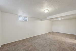 Basement featuring carpet and a textured ceiling