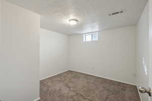 Unfurnished room with a textured ceiling and carpet