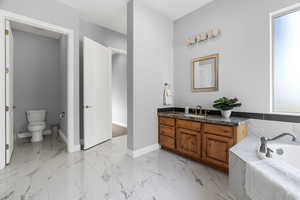 Bathroom featuring a bathing tub, vanity, and toilet