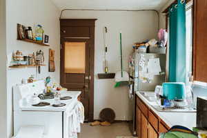 Kitchen featuring white range with electric cooktop and stainless steel refrigerator