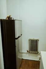 Bathroom with radiator, vanity, and wood-type flooring