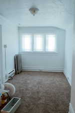 Empty room featuring carpet, a baseboard radiator, a textured ceiling, and vaulted ceiling