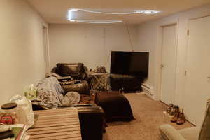 Interior space featuring carpet and baseboard heating