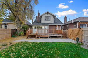 Private backyard with deck, patio, landscaping, and sprinkler system