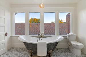 Cast iron claw foot tub, brass faucet, and designer lighting