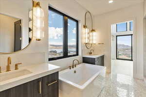 Bathroom featuring a washtub, vanity, wood-type flooring, and a mountain view