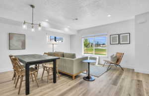 Living room featuring a textured ceiling and light hardwood / wood-style flooring