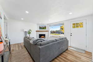 Living room with light hardwood / wood-style flooring and a textured ceiling