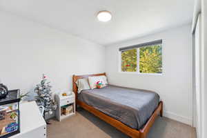 Bedroom featuring light carpet