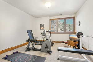 Exercise room with carpet flooring