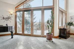 Doorway with carpet flooring and high vaulted ceiling