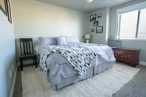 Carpeted bedroom with ceiling fan