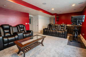 Home theater with a textured ceiling and light carpet