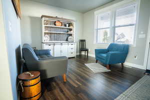 Living area with dark hardwood / wood-style floors