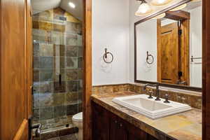 Bathroom with walk in shower, lofted ceiling, toilet, and vanity