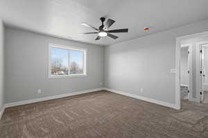 Owner's suite featuring ceiling fan, carpet floors, and a textured ceiling