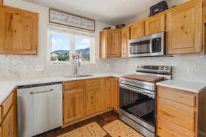 Kitchen with dark wood-type flooring, decorative backsplash, sink, and stainless steel appliances