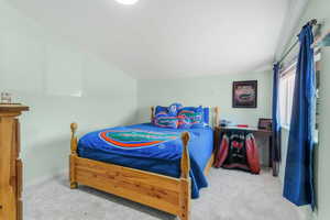 Bedroom with carpet flooring and lofted ceiling