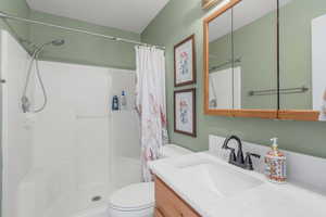 Bathroom featuring vanity, curtained shower, and toilet