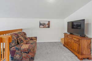 Living area with light colored carpet, a textured ceiling, and vaulted ceiling