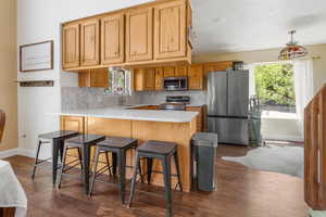 Kitchen featuring kitchen peninsula, stainless steel appliances, backsplash, and dark hardwood / wood-style flooring