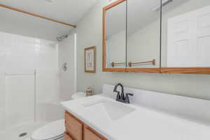 Bathroom featuring a shower, vanity, toilet, and a textured ceiling