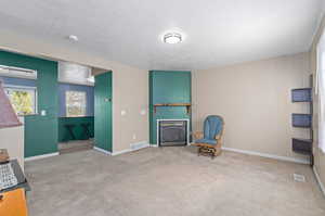 Sitting room with a textured ceiling and carpet floors