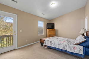 Bedroom featuring access to outside, lofted ceiling, and carpet